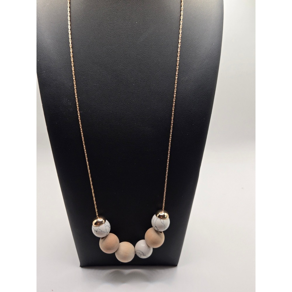 Gold Tone Long Necklace White Marble and Wood Bead Cluster Minimalist Boho